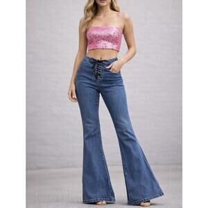 Y2K Vintage FOREVER 21 Flared Lace Up Blue Denim Jeans Medium Wash